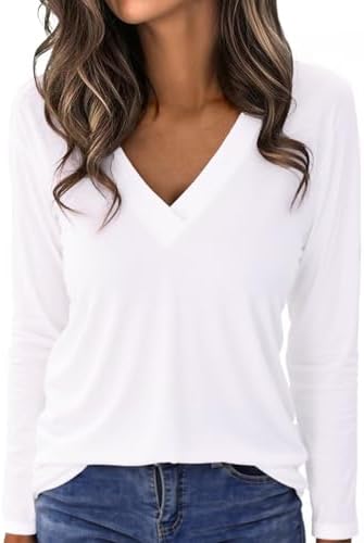 Aottori Langarmshirt Damen V-Ausschnitt Oversize Pullover Langarm Shirt | Longsleeve, Oberteile Elegant, Stretch Basic Tops, Dünn Longshirt, Locker Passform, Einfarbig Tshirt , Frü