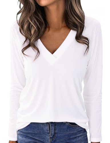 Aottori Camiseta Manga Larga Blanco Mujer Básica Top Cuello en V Elegante Blusa Camisas Suelta Trabajo Informal Pullover tee Shirts para Primavera Otoño Invierno Blanco XXL