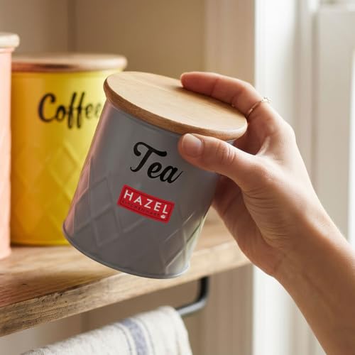 Image of HAZEL Tea Storage Container with Wooden Lid Metal Airtight Canister, 500ml