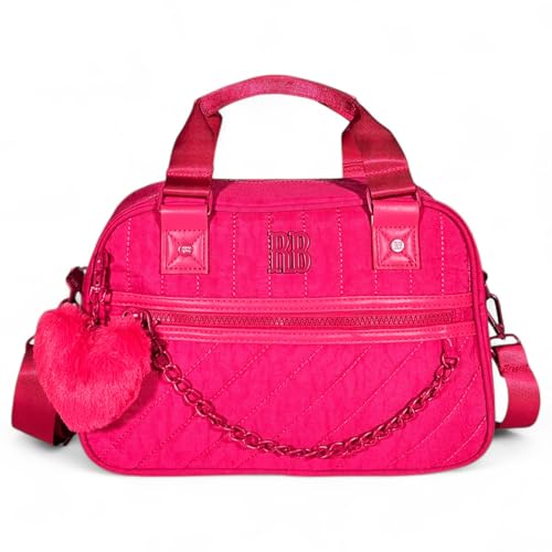 Bolsa Feminina Rebecca Bonbon Baú, Transversal e Mão, Alça Regulável, Nylon Crinkle, 28 x 20 x 13 cm, com Chaveiro Coração (Pink)