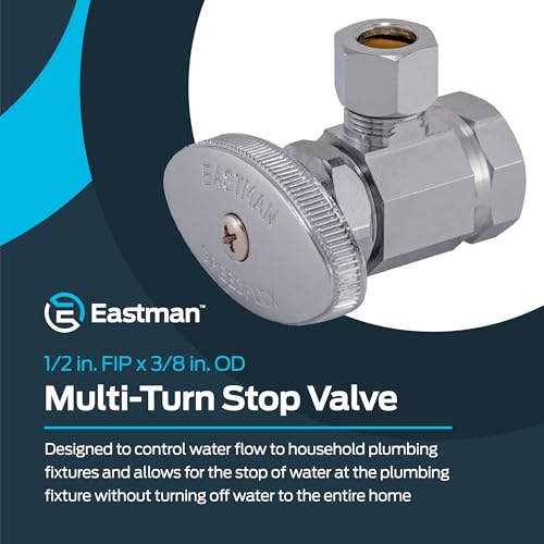 Image of Eastman 1 /2 Inch FIP x 3 /8 Inch OD Compression Multi-Turn Angle Stop Valve with Brass Stem, Brass Plumbing Fittings, Chrome, 10809LF