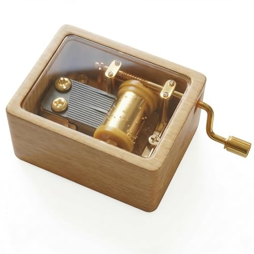 JAOUTIC Hand Crank Wooden Music Box - Beech Wood with Clear PVC Window Premium Golden Movement Mini Size 6x4.5x3cm 80g - Ideal Gift for Loved Ones (Contemporary You are My Sunshine)