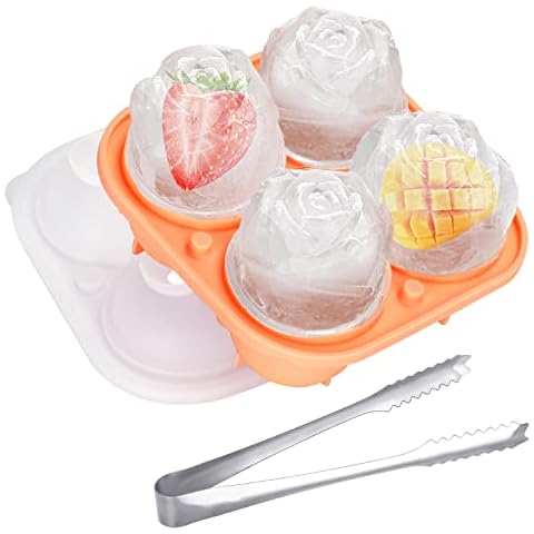 Ice Cube Tray, Rose Ice Cube Molds Reusable Silicone Flexible 4-Ice Trays Maker with Cover for Chilling Cocktails, Whiskey, Bourbon & Homemade Juice, Easy Release Stackable Ice Trays Cover