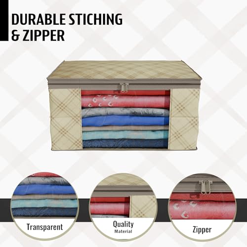 Image of Kuber Industries (Pack of 12) Saree Covers | Non-Woven Saree Bags (9 Inch) Clothes Bag for Women | Foldable Storage Bag for Almirah (Check Print) Sari Cover Bags | Cream & Black