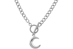18k White Gold Chain Necklace, Cuban Chain Link with Heart Moon Pendant