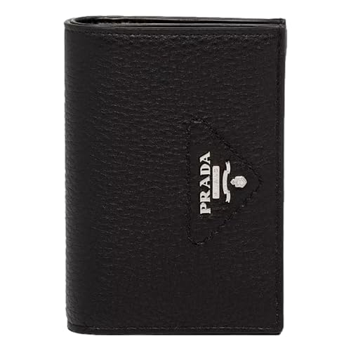 Prada Womens Nero Black Vitello Daino Silver Triangle Logo Small Wallet Zipper Coin Pouch 1MV0213