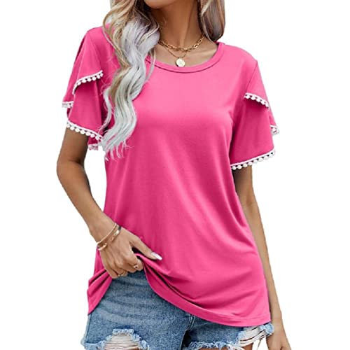 Camiseta de mujer de Manga Corta de Encaje con Borlas de Pétalo Camiseta de Verano Cuello Redondo Blusas Largas Casuales Túnica Top T-Shirt para Mujer Ajuste Amplio Casual
