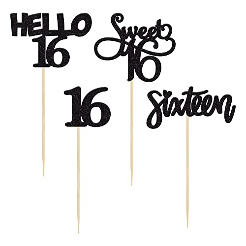 Gyufise 24Pcs Black Glitter 16th Birthday Cupcake Toppers Sweet 16 Cake Toppers Hello 16 Sixteen Cupcake Picks for 16th Birthday Cake Decorations Supplies
