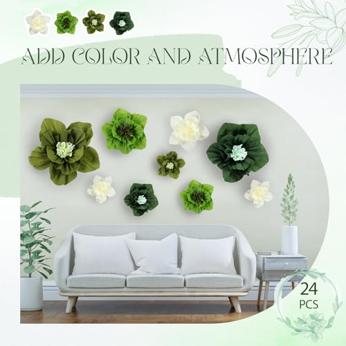 Image of Cholemy 24 Pcs Tissue Paper Flowers, Crepe Paper Flowers Decorations 8 inch 10 inch 12 inch for Wedding Party Baby Bridal Shower Carnival Party Birthday Nursery Wall Decor (Green Series)