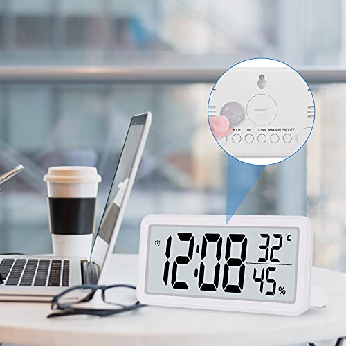 SZELAM 5.6 LCD Digital Alarm Clocks with Big Digit Display, Small Digital wall clock Slim Desk Clock Bedside Battery Powered with Temperature, Humidity, 12/24Hr, Snooze for Bedroom Home Office-White