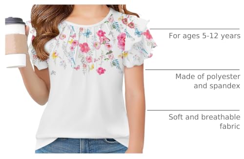 Image of Arshiner Girls T Shirts Ruffle Short Sleeve Summer Pleated Crewneck Casual Tops Tees Blouses