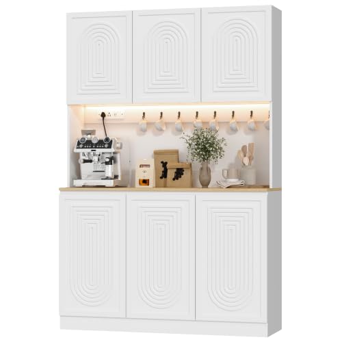 Image of 71 inch White Kitchen Pantry with Power Outlet & LED Light, Large Kitchen Hutch Cabinet with Adjustable Shelf, Modern Buffet Cabinet with 6 Doors, Food Pantry Storage for Dining Room (White 6 Doors)