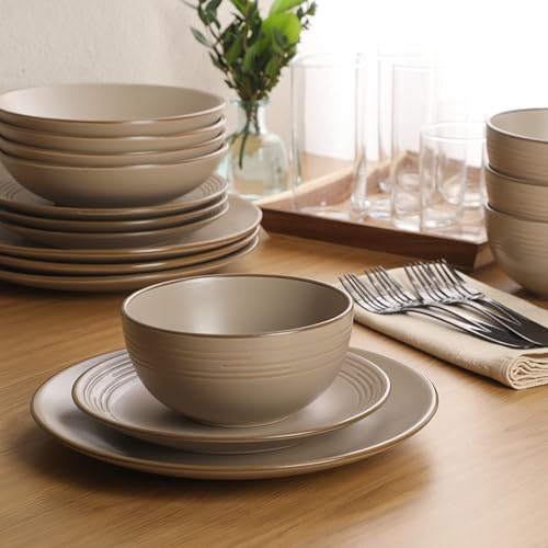 Image of Gibson Home Chiswick House 16-Piece Stoneware Dinnerware Set, Round Plates and Bowls Set for 4, Beige with Wax Relief Embossed Rim Detail, Dishwasher Safe - Dinner Plate, Salad Plate & Cereal Bowl