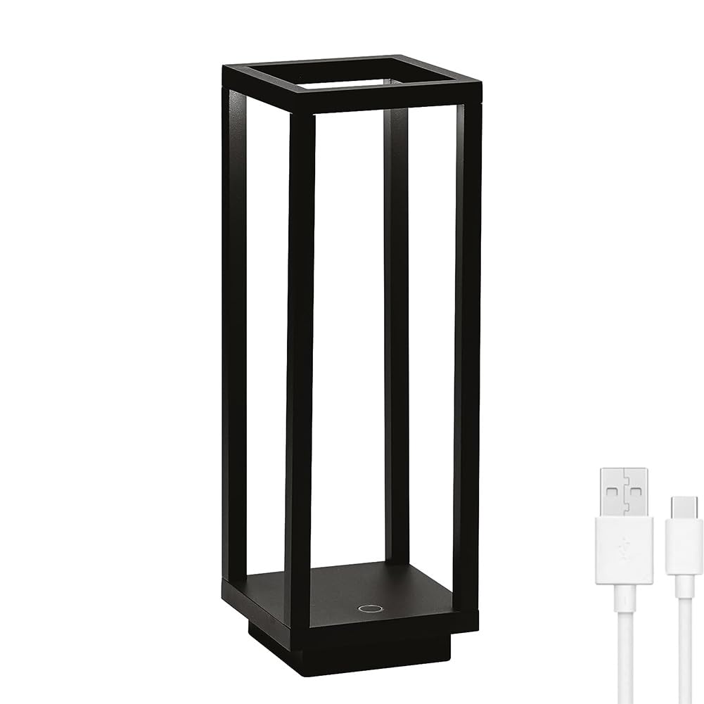 LED Laterne Tischlampe Kabellos Akku, Quadratische Tischlampe Dimmbar mit Touch Control Tragbare Tischleuchte Batteriebetrieben Deko Nachttischlampe USB Aufladung lnnen Lampe Außen,Schwarz