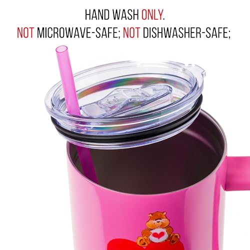 Image of Silver Buffalo Care Bears Watercolor Heart Ombre Double Walled Stainless Steel Tumbler with Handle and Straw, Fits in Standard Cup Holder, 40 Ounces