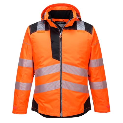 Portwest PW3 T400 Mens Hi Vis Hooded Work Jacket Waterproof Lightweight Quilt Lined Thermal Winter Safety Coat 300D Oxford Reflective Tape for Construction Rail Utility, Orange/Black, M