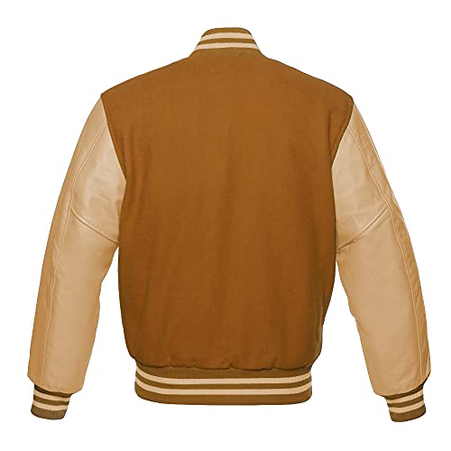 Men's Varsity Baseball Letterman Premium Tan Brown Wool & Genuine Dark Cream Leather Sleeves jackets2
