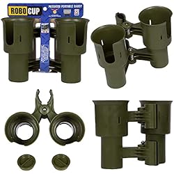 ROBOCUP, (Olive), Patented Clamp On Boat Cup Holder |Multifunction Dual Drink Caddy for Fishing Poles, Tools, Net, Gaff |Portable Storage for Boating, Beach, Umbrellas, Golf Carts, Strollers