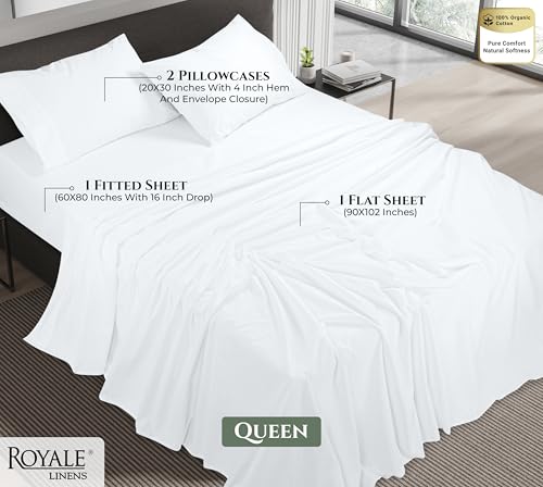 Image of Royale Linens 100% Organic Cotton Queen Sheet Set - 16 inch Deep Pocket Bed Sheets - Eco Friendly White Bed Sheets - Sabanas Queen - 1 Flat, 1 Fitted & 2 Pillowcase - White Sheet Set - Cotton Bedding Sets