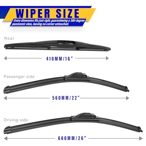Image of 3 wipers Replacement for 2005-2022 2023 2024 Honda Odyssey, Windshield Wiper Blades Original Equipment Replacement - 26 inch /22 inch /16 inch (Set of 3) U /J HOOK