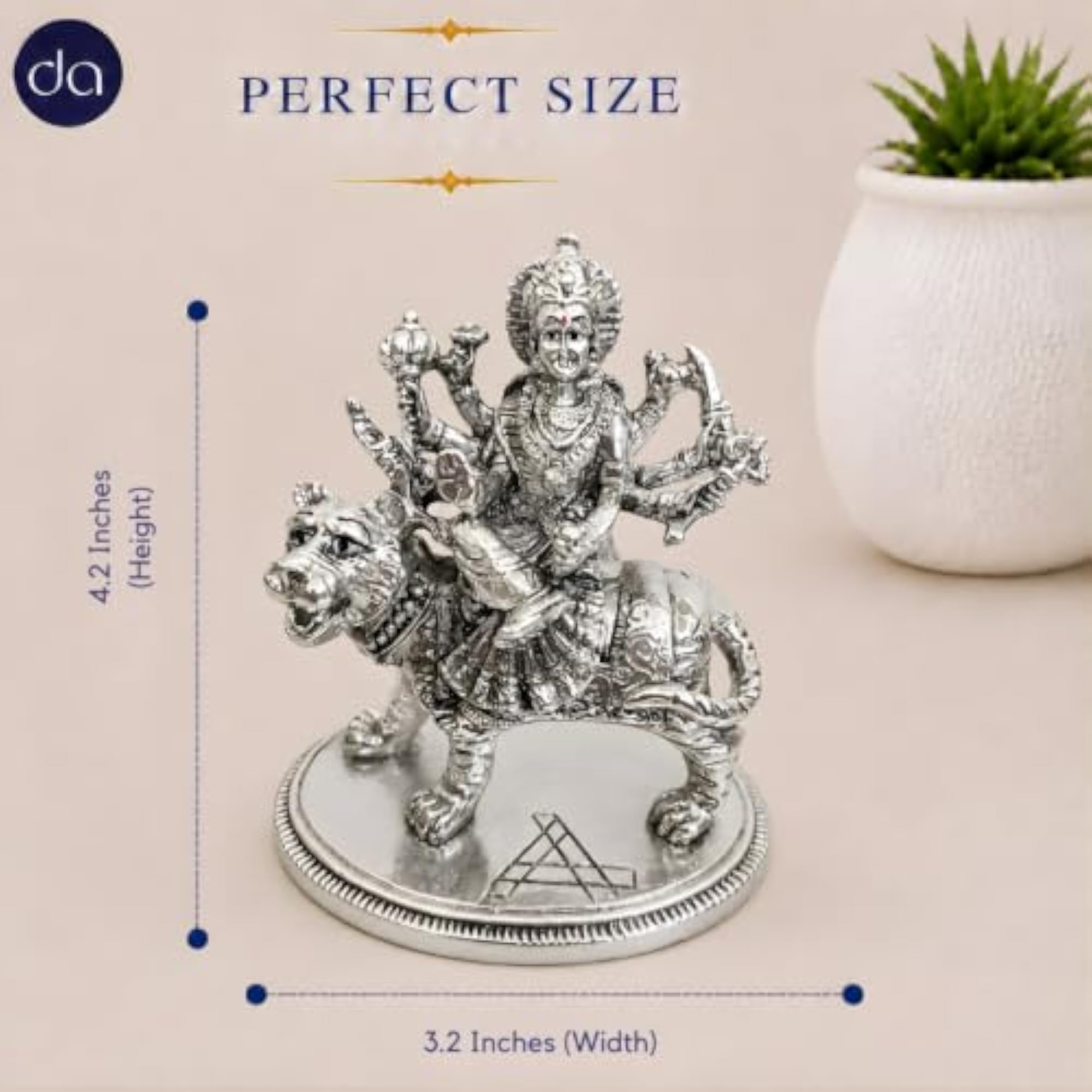 999 Silver Plated Durga Maa Idol, 4.2 Inch
