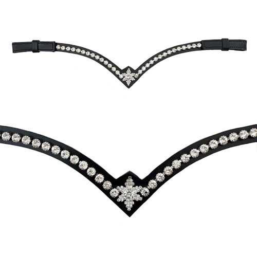 Leone Equipment Stirnriemen Pferd Glitzer in Geschenkbox (Cob/Vollblut, Silber Steine/Schwarz Leder)