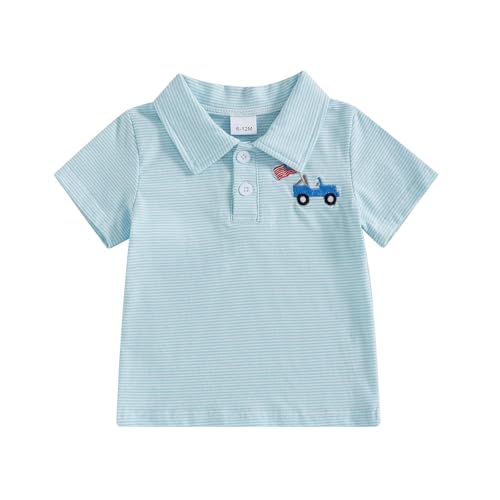 MAINESAKA Baby Boy 4th of July Polo Shirt Short Sleeve Half Button Down American Flag Embroidered Striped T-Shirt Summer Tops (A-Blue, 6-12 Months)