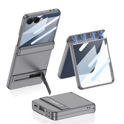 Image of Midkart Magnetic Cover Compatible with Samsung Galaxy Z Flip 7 Release 2025 Hinge Protection Kickstand Hard PC with Front Glass Cover 360-degree Protection, Grey