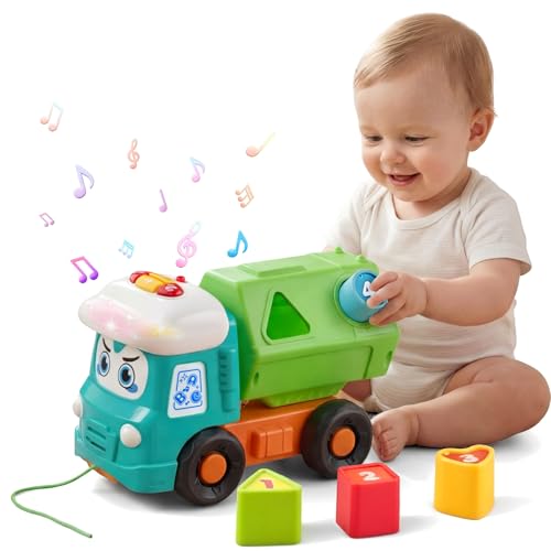 Meribbit Brinquedos camião de brinquedo para crianças 2-5 anos, brinquedos sensoriais com luzes e som, camião de construção com formas e corda de arrastar, brinquedos educativos para 2 3 4 5