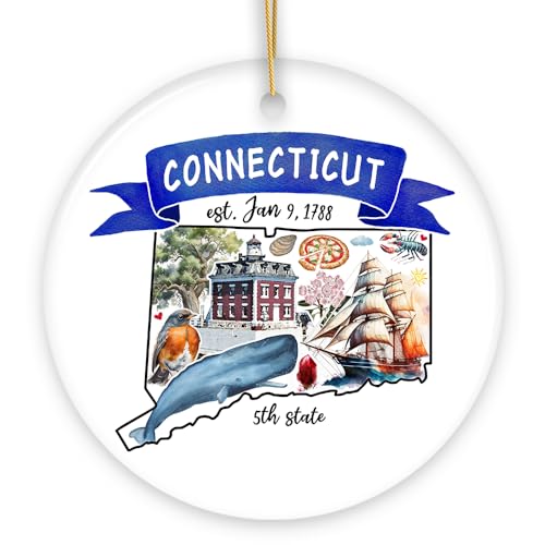 Collectible Ceramic USA Souvenir Keepsakes - Artistic Connecticut State Themes and Landmarks Christmas Ornament