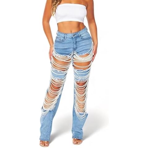 lovecarnation Cut Out Jeans for Women Straight Leg Mid Waisted Ripped Rhinestone Pearl Beaded Denim Pants YMT323 Blue M Cover