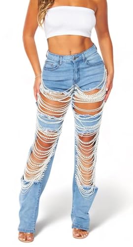 Cut Out Jeans for Women Straight Leg Mid Waisted Ripped Rhinestone Pearl Beaded Denim Pants