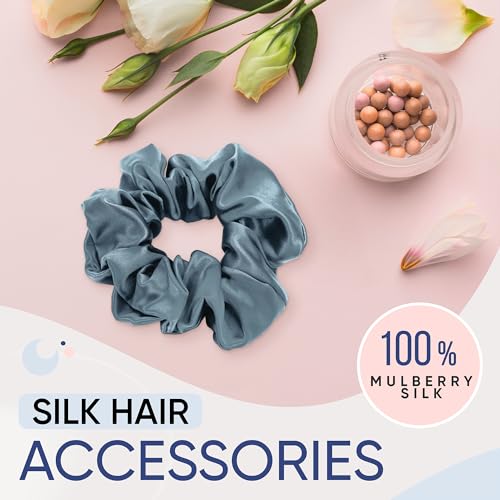 Image of Blissy Silk Scrunchies (3 Pack) - 100% Pure Mulberry Silk - 22 Momme 6A High-Grade Fibers Scrunchie for Straight & Curly Hair - Preventing Breakage, Tangling, & Creasing (Ash Blue Regular)