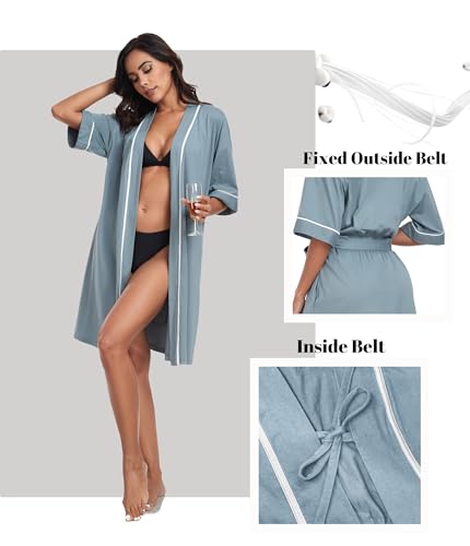 Image of ANLIQI Womens 100% Cotton Robes Lightweight Summer Short Sleeve Lady Bathrobe Knee Length Kimono Robe Sleepwear with Pockets
