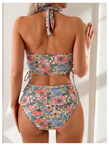 Women's 2 Piece Tropical Floral Tankini Swimsuits Halter Drawstring High Waisted Bathing Suit2