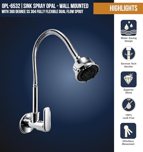 Image of KAMAL Sink Spray Kitchen Tab Opal - | SS 304 Flexible Spout 360 Degree Dual Flow | Brass Body & Knob | SS304 Rust Resistant Flexible Spout | Dual Flow Bib Tap Faucet (Wall Mount Installation)