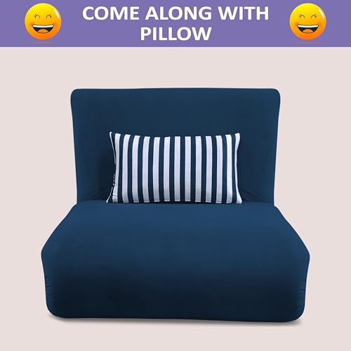 Image of Adorn India Easy Multi Mode 1 Seater Sofa Cum Bed | Velvet Fabric | Blue | Stripes Design | Comfortable Seating | Washable Cover | Perfect for Home & Office