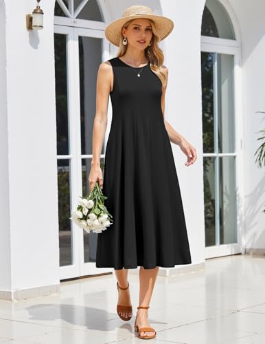 HOTOUCH Summer Casual Dresses for Women Sleeveless Midi Dress Swing Tank Sundress Pleated Tshirt Dress with Pockets4