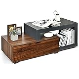 Tangkula Modern Coffee Table, Rectangle Wooden Coffee Table with Toughened Glass Top & Storage Cabinet, Tea Table Center Table for Living Room Office Lounge (Black & Brown)