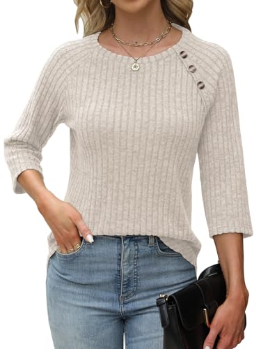 Womens Sweaters Fall Fashion 3/4 Length Sleeve Tops Crew Neck Button Shirts Casual Pullover Cute Winter Clothes2