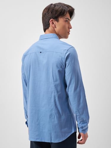 Image of Highlander Men's Blue Solid Slim Fit Casual Shirt | Sleek & Versatile | A Timeless Wardrobe Essential
