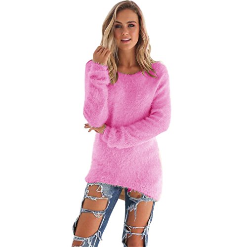 Pullover Damen Btruely Warme Beiläufige Feste Langarm Sweatshirt Mädchen Strickjacke Bunt Bluse (Heiß Rosa, XXXL) Cover