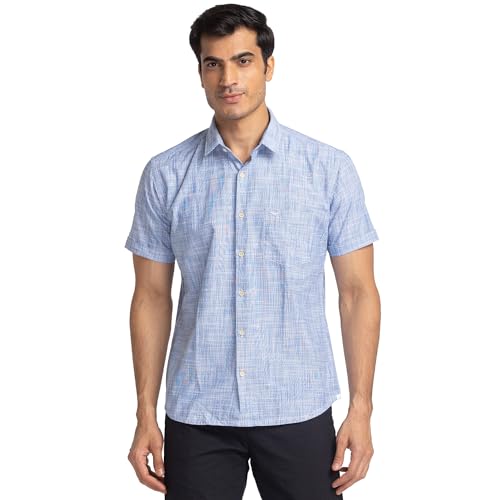 Image of Park Avenue Men's Pure Cotton Chambray Pattern Slim Fit Ainsley Collar Half Sleeve Casual Shirt