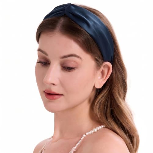 Image of ZLYC Mulberry Silk Headband for Women's Hair Elastic Hairband, Solid Navy