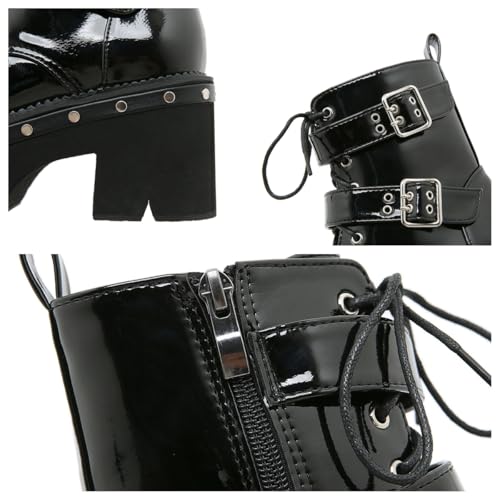 Womens Goth Patent Ankle Boots, Round Toe Chunky Ankle Boots Platform Chunky High Heel Lace Up Combat Booties4