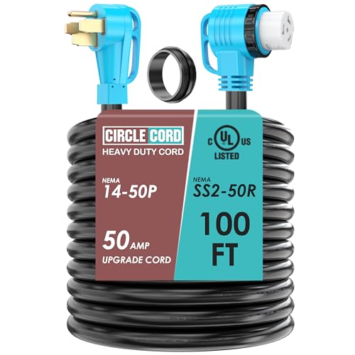 CircleCord UL Listed 50 Amp 100 Feet RV/Generator Cord with 90 Right Angle Locking Connector Heavy Duty 6/3+8/1 Gauge STW Wire 14-50P Male and SS2-50R Female for RV Camper and Generator to House