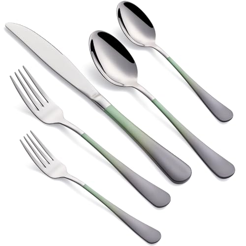 20-Piece-Green-and-Gray-Silverware-Set-for-4-180-Stainless-Steel-Flatware-Cutlery-Utensils-Set-Include-Dinner-KnivesDinner-ForksDinner-SpoonsSalad-ForksTeaspoonsDishwasher-Safe 20 Piece Green and Gray Silverware Set for 4 180 Stainless Steel Flatware Cutlery Utensils Set Include Dinner KnivesDinner ForksDinner SpoonsSalad ForksTeaspoonsDishwasher Safe