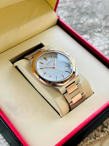 Image of AMERICANVIBER Modern Analog Watch, Silver and Black Two-Tone Stainless Steel Band, Octagonal Case, White Dial for Men