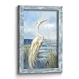 Framed Sea Bird Wall Art: Wooden Blue Coastal Ocean Scene Picture Heron on Beach Painting Artwork Mo
