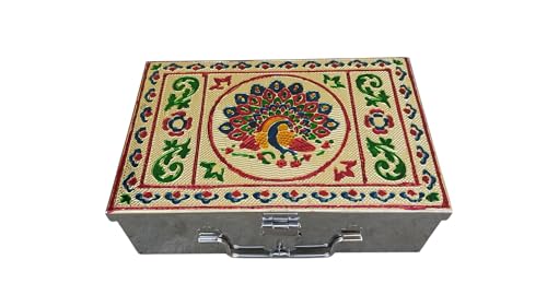 Image of Stainless Steel Storage Box, Cash Box, Pooja Peti, Organizer, Vanity Storage Box, Jewellery Safe Bank Locker, Cash Box With Handicrafts Digital Meena Kari Design (Red, 9 Inch)